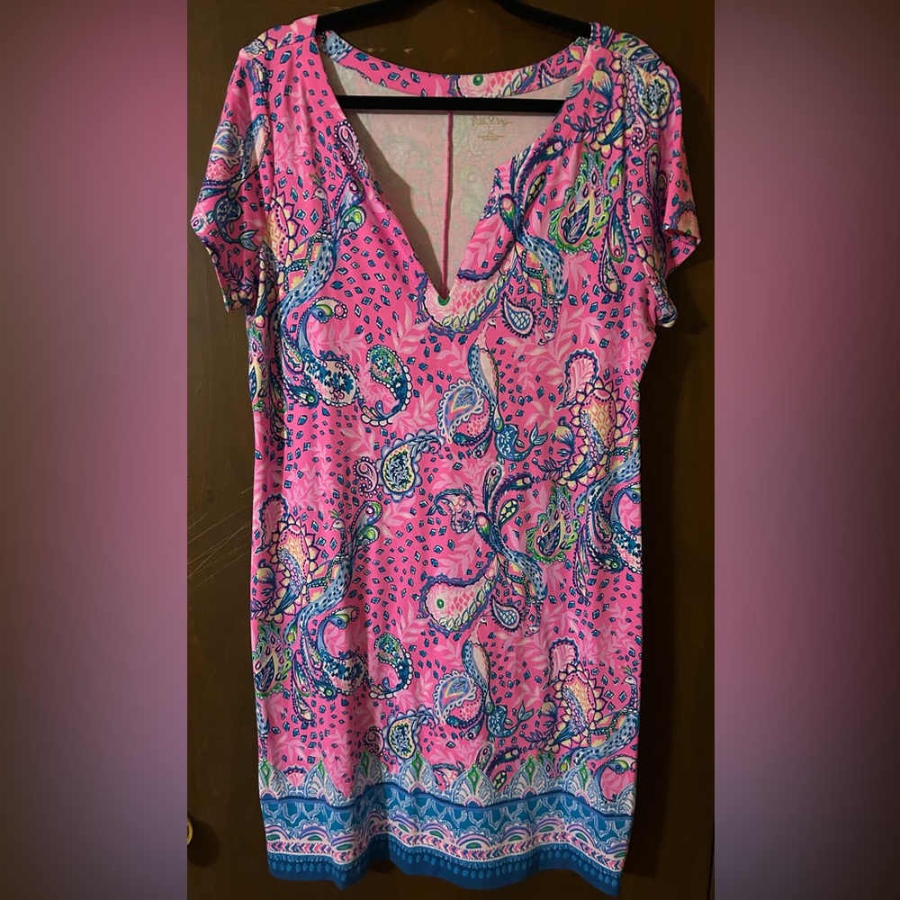 Lilly Pulitzer Hot Pink Paisley V‑Neck Mini Dress with Blue & Green Accents